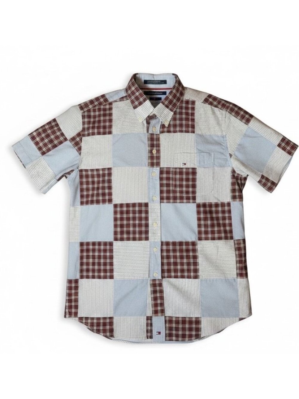 Vtg Y2K Tommy Hilfiger M Patchwork Button Up Med. Men’s Striped Solid Panels ‘02